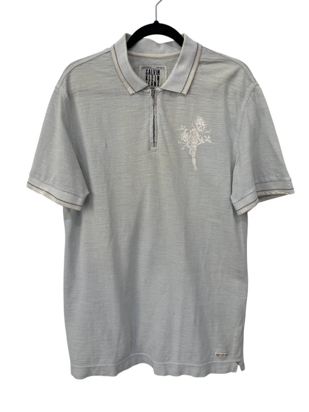 Calvin Klein Jeans Polo Shirt Large Zip Neck Short Sleeve Skull Graphics Retro